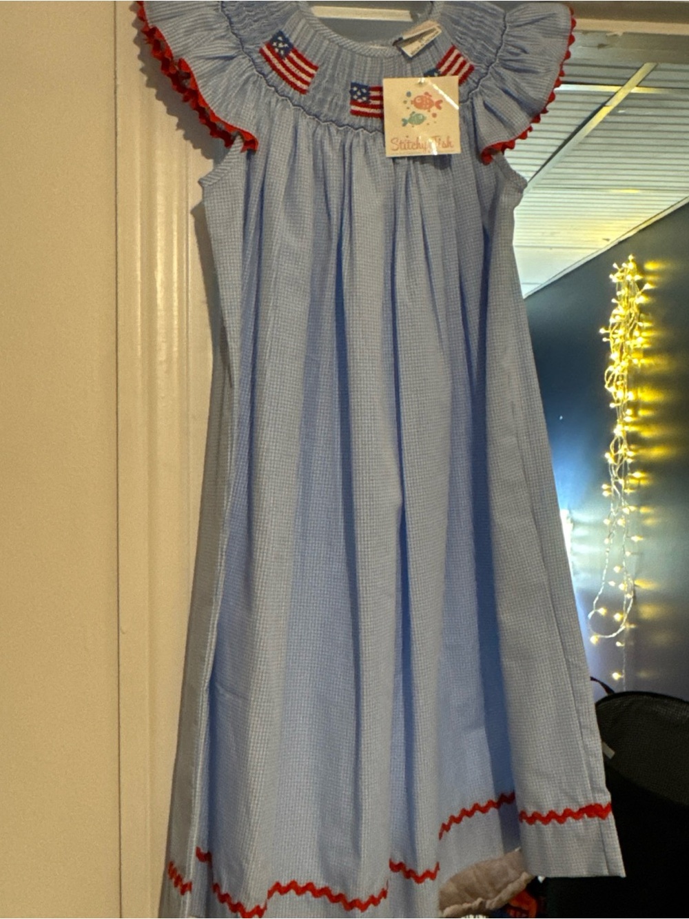 Stitchy Fish Girls' Blue Gingham Dress with Flag Smocking - Picture 4 of 7